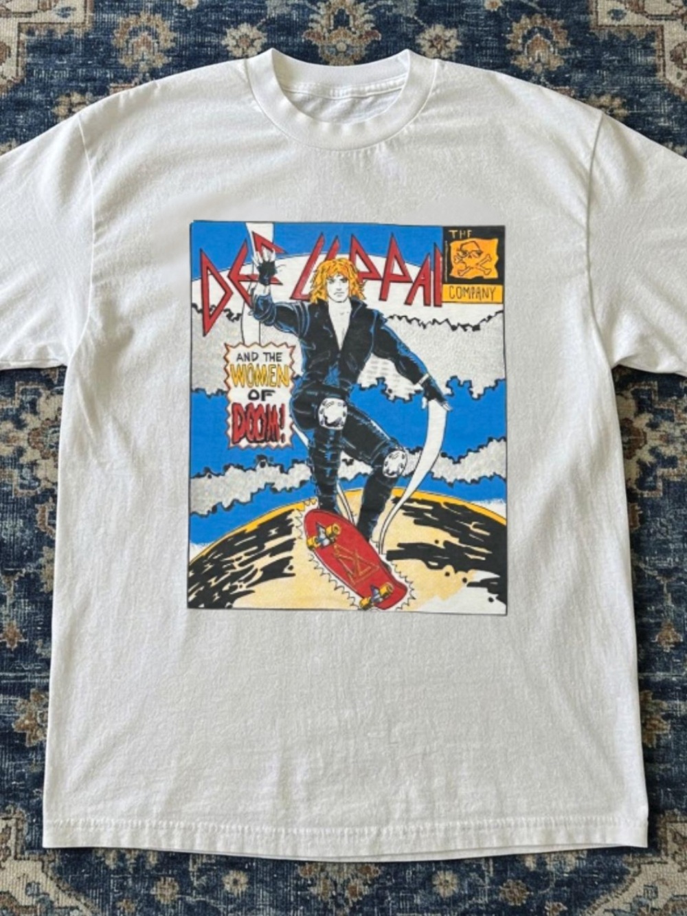 Gildan White Tee with Multicolor Surfing Skeleton Graphic